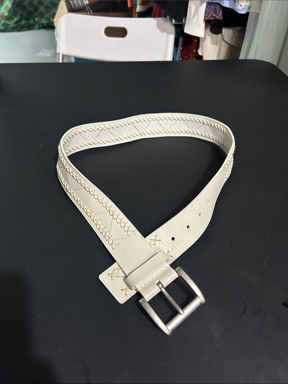 Women's Cream Leather Belt with Contrast Stitching size large